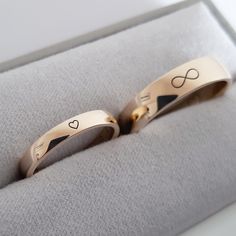 The heart is a symbol of love and infinity is a symbol of eternity. These two symbols complement each other and form endless love. You can have them on the outside of your wedding rings. I will gladly make them for you. Couple Rings Wedding Gold Infinity, Couple Ring Ideas Gold, Engraved Rings Personalized Wedding, Couple Ring Designs Gold, Couple Rings Wedding Gold, Infinity Wedding Ring Set, Gold Rings Wedding, Wedding Couple Ring, Infinity Wedding Ring