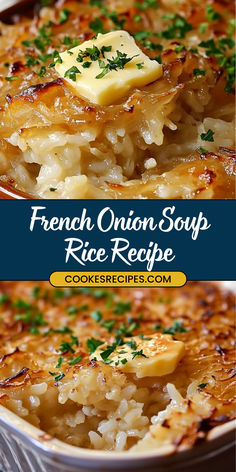 french onion soup rice recipe in a casserole dish