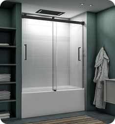 a bathroom with a walk in shower next to a bathtub and towel rack on the wall