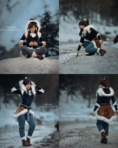 four different pictures of a woman in winter clothes sitting on the ground with her hands behind her head