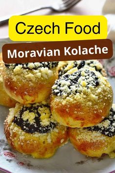 several muffins on a plate with the words czech food written above them and below it