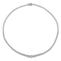 3.00 CT Natural Diamond Choker Graduating Buttercup  Necklace G SI 14K White Gold 16'' 100% Natural Diamonds, Not Enhanced in any way Round Cut Diamond  Necklace   3.00CT G-H  SI   14K White Gold, Prong style,  6.97 Gr 16 inches in length, 3/16" in width 66 stones N5737-3W ALL OUR ITEMS ARE AVAILABLE TO BE ORDERED IN 14K WHITE, ROSE OR YELLOW GOLD UPON REQUEST. All Chains of Pendants and Necklaces Can be Requested in 16'' or 18'' Length. . This item is proudly handcrafted in the USA. Perfect gift on any occasion. This Item has passed highest quality inspections. We want you to Wear it, Enjoy it, and Show it off! In case you are not 100% satisfied with this exquisite, elegant and lovely item we have a no hassle 30 day money back return policy. Please message our support team for any questio Fine Jewelry Single Strand Necklace For Anniversary, Classic Round Bridal Necklace With Vvs Clarity, Formal Single Strand Round Diamond Necklace, Formal Single Strand Diamond Necklace, Anniversary Single Strand Diamond Necklace, Classic Round Bridal Necklace With Prong Setting, Single Strand Diamond Necklace For Anniversary, Timeless Single Strand Necklace For Anniversary, Round Single Strand Tennis Necklace For Anniversary