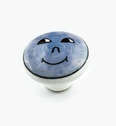 a blue and white knob with a smiley face on it