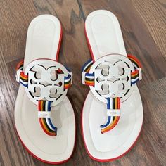 Brand New New Arrival Tory Burch Miller Sandals, Tory Burch Sandals Sparkly, Tory Burch Sandal, Orange Flip Flops, Yellow Tory Burch Sandals, Green Flip Flops, Ankle Wrap Heels, Printed Flip Flops, Rubber Sandals