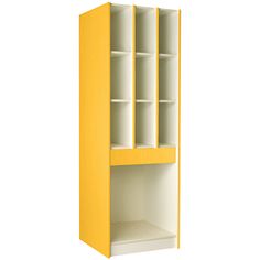 a yellow bookcase with white shelves on each side