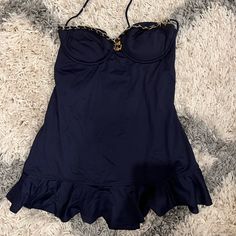 New With Tags And Never Worn Juicy Couture Bathing Suit, Chic Blue Tankini For Swimming, Elegant Blue Tankini With Lined Body, Elegant Blue One-piece Tankini, Chic Blue Tankini For Pool, Chic Blue Swimwear With Built-in Bra, Chic Party Tankini, Chic Lined Tankini, Chic Tankini With Built-in Bra For Parties