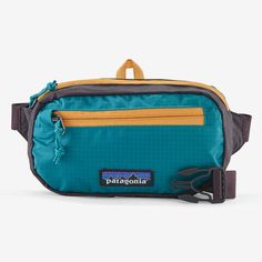 the patagonia waist bag is blue and yellow