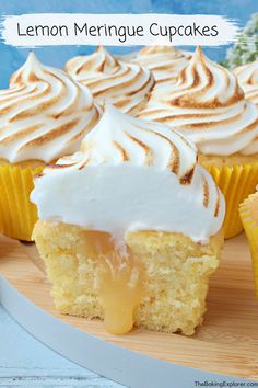 lemon meringue cupcakes with frosting on top