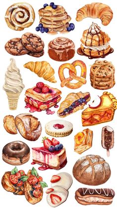 Pastries Aesthetic Drawing, Food Illustration Art Dessert, Food Images Design, Recipe Book Drawing, Pastry Art Drawing, Food Drawing Watercolor, Illustrated Recipes Drawings, Small Food Drawings, Dessert Illustration Art