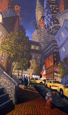 a painting of people walking down the street in front of some tall buildings at night