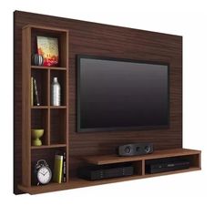 an entertainment center with a flat screen tv mounted on it's side and bookshelves