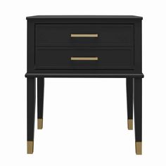 a black and gold bedside table with two drawers on one side, the other end