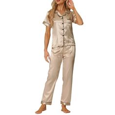 Great for loungewear, nightwear, sleepwear, home bedroom, daily wear. This loungewear pajamas sets for women is constructed of button down, pants with elastic waist, make it convenient to take on/off, keep you pretty and comfortable all day. Featuring satin fabric design, soft and comfortable make you feel cozy all night, enjoy a comfortable sleep and sweet dream. No matter the cozy bedtime, casual home relax, laze afternoon, comfy bath, the soft and lightweight women's sleepwear could company w Champagne Clothes, Shorts Outfit Casual, Womens Sleepwear, Knit Lounge Set, Pants With Elastic Waist, Satin Sleepwear, Pajamas Sets, Women's Sleepwear, Casual Home