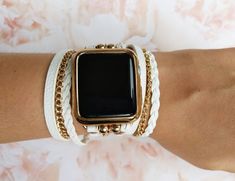 White Boho Hippie Apple Watch Band Gold Chain Double Wrap | Etsy Apple Watch Bands Gold, Apple Watch Fashion, Handmade Watch Bands, Apple Watch Sizes, Apple Band, Gold Plated Watch, Smart Jewelry, Gold Bracelet Chain, Unisex Gifts