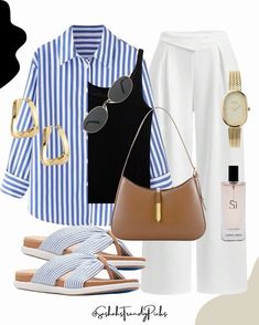 White And Blue Striped Shirt Outfit, White Pants Summer, Blue Striped Shirt Outfit, Stripe Pants Outfit, Outfits With Striped Shirts, Blue And White Outfits, Neutral Fall Outfits, Slides Outfit, Amazon Fashion Finds