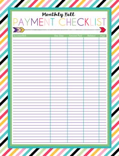 a printable payment checklist with colorful stripes