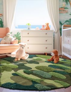 two teddy bears sitting on the floor in a child's room next to a crib