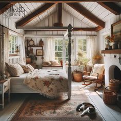 a bedroom with a bed, fireplace and lots of furniture in the middle of it