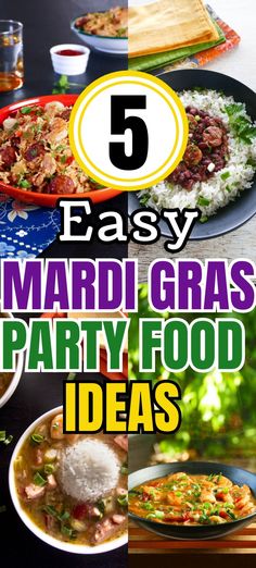 collage of mardi gras Cajun and Creole recipes with text 5 easy mardi gars party food ideas". New Orleans Theme Party Food, Bayou Party, Cajun And Creole Recipes, Fat Tuesday Party, Party Food Recipes, New Orleans Party