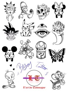 some cartoon characters with different tattoos on them