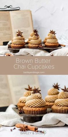 brown butter chai cupcakes on a plate with cinnamon sprinkles