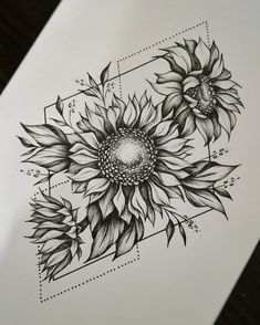 a drawing of three sunflowers with geometric shapes in the middle and on top