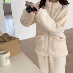 Korean Warm Pajamas - Pastel Kitten Cozy Winter Home Sets, Cozy Long Sleeve Sleepwear With Pockets, Beige Long Sleeve Sets For Home, Cozy Long Sleeve Sets For Fall, Winter Long Sleeve Sets With Pockets, Winter Sets With Pockets And Long Sleeves, Casual Home Sets For Fall, White Long Sleeve Sleepwear For Fall, Beige Loungewear Sets With Pockets