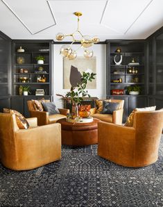 a living room filled with lots of furniture and bookshelves on top of shelves