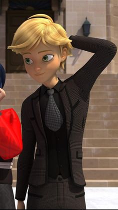 a cartoon character with blonde hair and green eyes holding a red bag in front of him