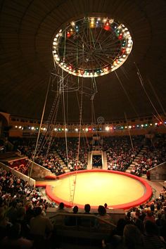 an aerial view of a circus ring at night