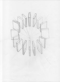 a pencil drawing of several cubes arranged in a circle