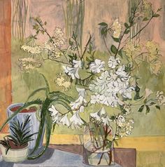 a painting of white flowers in a vase on a table next to a window sill