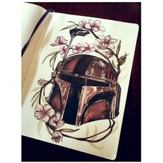 a drawing of a boba fett helmet with flowers on it