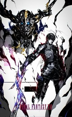 two anime characters standing next to each other in front of a white background with red and blue streaks