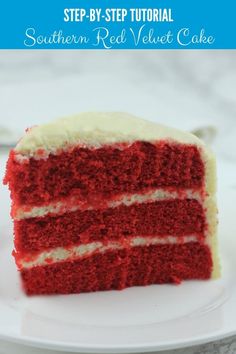 a slice of red velvet cake on a white plate