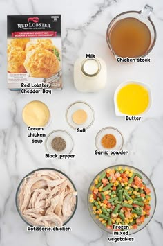 ingredients to make chicken pot pie laid out on a white marble counter top with text overlay