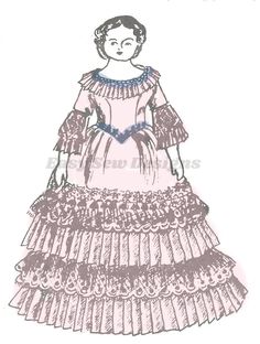 a drawing of a woman in a dress with ruffles and lace on the skirt