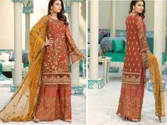 Pakistani Indian wedding dress | Rust burnt orange dress | straight, palazzo pant suit | Punjabi wedding suit | Chiffon embroidered Eid Suit 100% ORIGINAL DESIGNER'S DESCRIPTION: Front: Chiffon Embroidered With Hand Work. Back: Chiffon Embroidered Sleeves: Chiffon Embroidered Border: Organza Embroidered Front, Back Border Dupatta: Chiffon Embroidered Trouser: Dyed Raw silk Embroidered NOTE: - Actual colors may vary slightly due to photographic lighting sources, or your monitor settings! - Embell Orange Sharara For Wedding, Orange Georgette Sharara For Wedding, Long Georgette Palazzo Set For Wedding, Bollywood Style Orange Palazzo Set For Wedding, Elegant Orange Semi-stitched Salwar Kameez, Orange Semi-stitched Palazzo Set For Eid, Elegant Orange Salwar Kameez With Dupatta, Elegant Orange Unstitched Suit For Festive, Orange Unstitched Suit For Festive Wedding