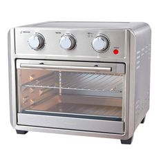 a silver toaster oven with the door open