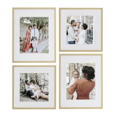 four pictures are hanging on the wall in three different frames, each with an image of a family