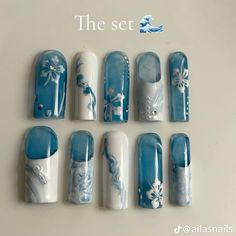 Press On Nail Designs Coffin, White Nails With Beach Designs, Nail Art Designs Blue And White, Wave To Earth Nails, Jellyfish Nail Art, Blue Beach Nails, Jellyfish Nails, Shark Nails, Punk Nails