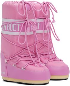 Calf-high paneled nylon canvas and buffed faux-leather boots in pink. Water-repellent. · Lace-up closure · Drawstring at collar · Logo printed at sides and heel · Foam-insulated fleece lining · Textured thermoplastic rubber midsole · Treaded rubber outsole · Platform: H2 in Supplier color: Pink Styling Pink Moon Boots, Sporty Waterproof Pink Boots, Sporty Pink Waterproof Boots, Cream Moon Boots, Pink Moon Boot, Winter Pink Waterproof Boots, Casual Pink Insulated Boots, Hot Pink Moon Boots, Pink Insulated Outdoor Boots