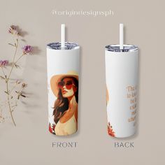 two white tumbles with the same image on them and one has a straw in it