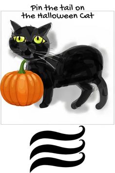 a black cat holding a pumpkin with the words pin the tail on the halloween cat