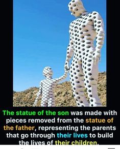 the statue of the son was made with pieces removed from the statue of the father, representing the parents that go through their lives to build the lives of their children