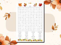 an autumn word search with leaves and flowers