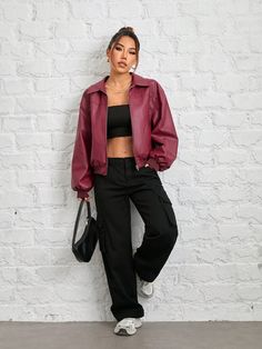 Burgundy Casual Collar Long Sleeve PU Leather Plain Other Embellished Non-Stretch  Women Clothing Long Sleeve Cropped Jacket For Fall, Fall Cropped Jacket With Zipper Closure, Trendy Cropped Jacket With Zip Fly For Fall, Long Sleeve Leather Jacket With Pockets For Fall, Pu Leather Jacket, Women Jackets, Slim Fit Top, Long Sleeve Jacket, Elegant Dresses Long