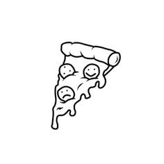 a slice of pizza with eyes drawn in black ink on a white background by hand