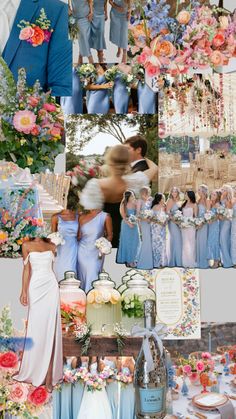 a collage of different pictures with people in blue dresses and flowers on the table