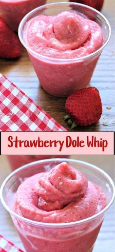 strawberry dole whip in a glass bowl with strawberries on the side and two pictures showing how to make it